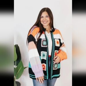 NEW!!!! POL Granny Square Colorful Patchwork Sweater, SZ Lrg, NWT